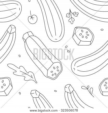 Seamless Outline Vector Pattern With Organic Vegetable Zucchini Squash With Leaves And Herb. Backdro