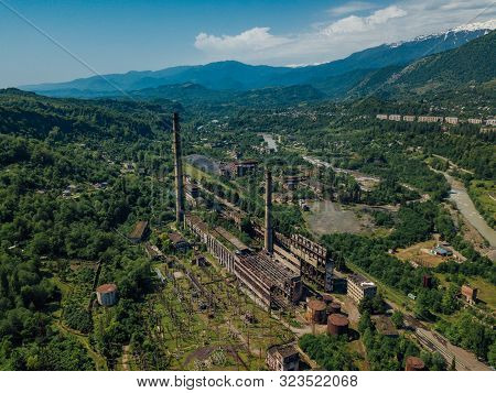 Aerial View Of Abandoned Tkvarcheli Thermal Power Plant, Abkhazia, Georgia