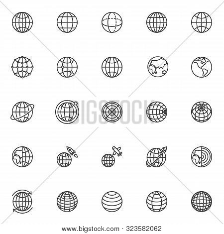 Globe Grid Line Icons Set. Linear Style Symbols Collection, Outline Signs Pack. Vector Graphics. Set