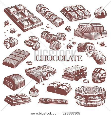 Sketch Chocolate. Engraving Black Chocolate Bars, Truffle Sweets And Coffee Beans. Vintage Hand Draw