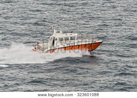 Male, Maldives - November 16, 2017: Harbor Master Pilot Boat Alongside The Cruise Ship At Port Of Ma