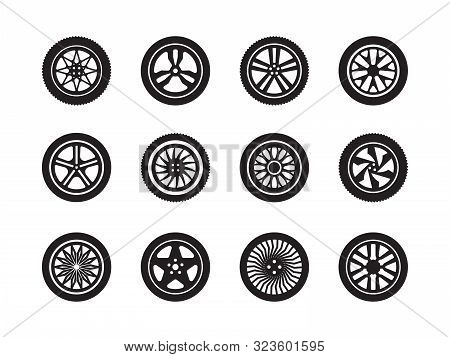 Wheels Car. Tire Shapes Transport Wheels Silhouettes Vector Vehicle Symbols Collection. Illustration
