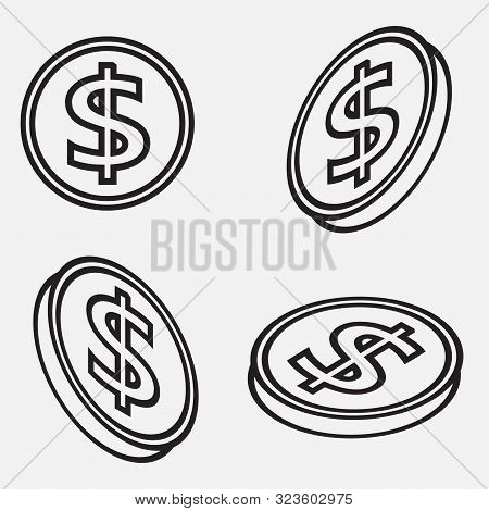 Set Of Icons Of Coins Dollar Sign. The Planimetric Drawing In Different Isometric Projections. The V