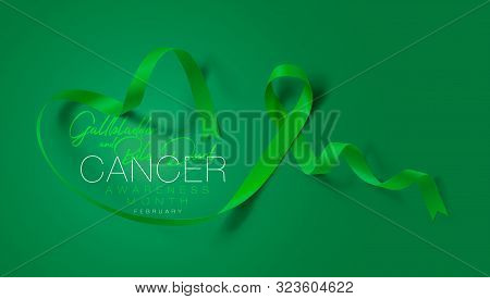 Gallbladder And Bile Duct Cancer Awareness Calligraphy Poster Design. Realistic Kelly Green Ribbon. 