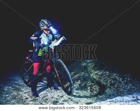 Winter Night Extreme Bike Racer Control Navigation And The Map.  January 25th 2019, Novy Bor, Czech 