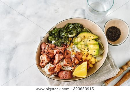 Vegan Healthy Bowl With Rice, Salad And Jackfruit On Dark Backround