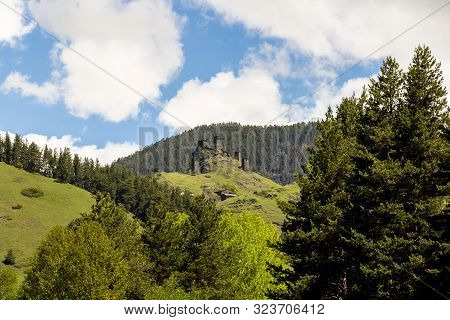 Watchtower Made Of Shale Stone. Kvemo (upper) Omalo In Georgian Caucasus In Tusheti Region