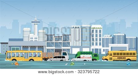 City Flood And Heavy Rain Drops On City View With Cars And Garbage Floating In The Water, Vector Ill