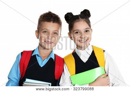 Happy Children In School Uniform On White Background