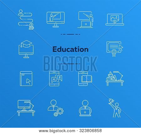 Educational Technology Line Icon Set. Computer, Online Class, Lection. Webinar Concept. Can Be Used 