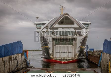 A Ferry Entering The Dock And Open Its Bow, Ærøskøbing, Denmark, July 13, 2019
