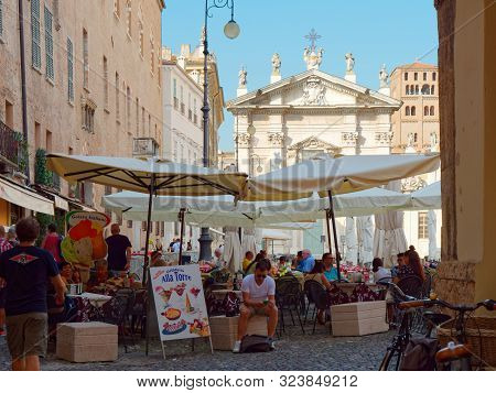 Mantova, Italy - August 10, 2019: Historic Buildings On Piazza Sordello