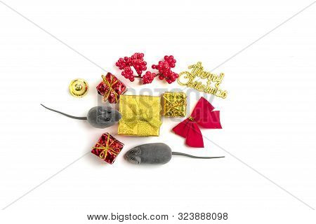 Mice, Red And Golden Gift Boxes, Mountain Ash, Decorations, Santa Claus Isolated On White Background