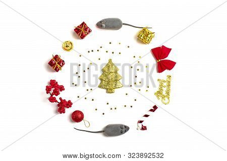 Mice, Red And Golden Gift Boxes, Mountain Ash, Decorations, Santa Claus Isolated On White Background