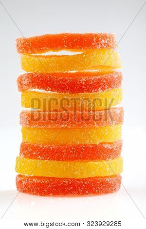 Jelly Candies. Marmalade On White Background. Dessert Marmalade In The Form Of Lemon And Orange Slic