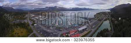 Aerial View Of Seward Boat Harbor And Waterfront Panorama In Fall, Seward, Kenai Peninsula, Alaska, 