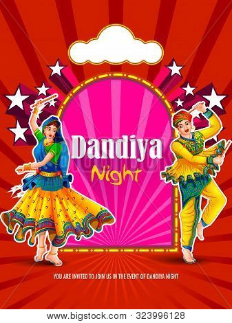 Indian People Dancing Garba Dance For Dandiya Disco Night Event On Navratri Dussehra Festival Of Ind