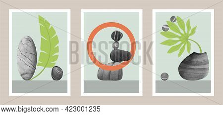 Natural Abstract Botanical Art Set With Stones