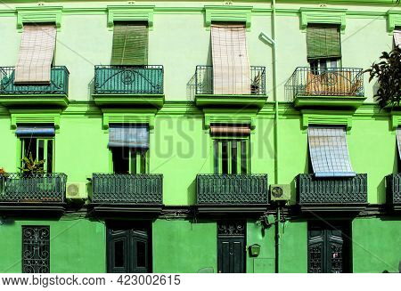 Colorful Facades Of Old Buildings In The Cabanyal Neighborhood In Valencia, Spain