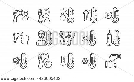 Temperature Line Icons. Fever Diagnostic, Thermometer And Check Body Temperature. Coronavirus Contro