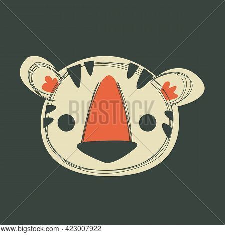 Tiger Head Cartoon Avatar On Gray Background. Doodle Portrait. Head Isolated On Gray Background. Act
