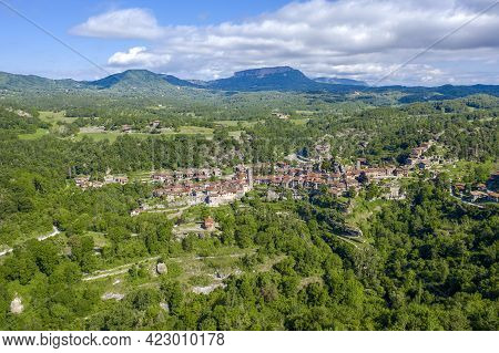 Aerial View Of Rupit, A Medieval Village In The Middle Of Nature. Catalonia, Osona Spain