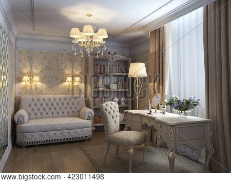 A Luxurious Guest Bedroom In A Classic Style With Beige Walls, Classic Furniture, White Molding, Cha