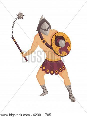 Ancient Rome Gladiator. Vector Roman Warrior Character In Armor With Mace And Shield. Flat Illustrat
