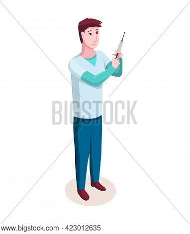 Medicine Researcher Isometric. Doctor Considers The Results Of Research. Isometric Vector Illustrati