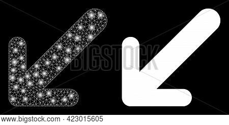 Magic Mesh Vector Arrow Down Left With Glow Effect. White Mesh, Bright Spots On A Black Background W
