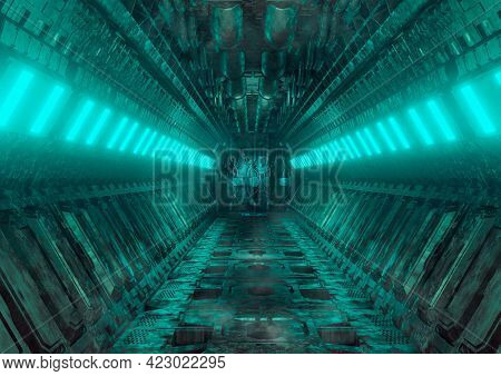 Sci-fi Realistic Luminous Corridor From The Spaceship Interior. Cyberpunk Futuristic Tunnel With Gru