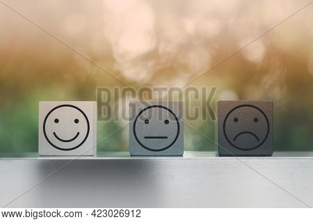 Face Icon On Cube Blocks About Service Rating Feedback Of Survey From Customer. Business Annual Sati