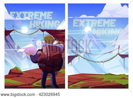Extreme Hiking Cartoon Posters. Traveler Man With Map At Mountains Trip, Xtreme Travel Adventure. To
