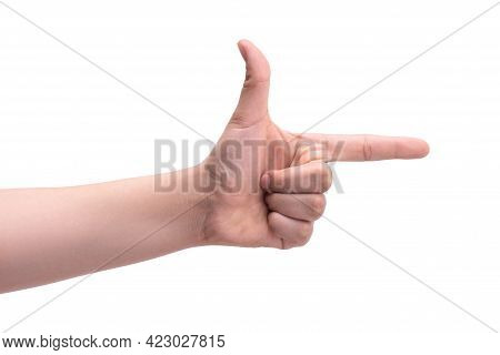 One Person's Hand Points The Index Finger Forward Like A Pistol. Gesture And Body Language. Target, 