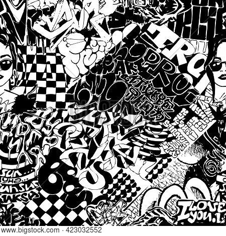 Black And White Pattern Of Grafitti, Sticker Bombing.