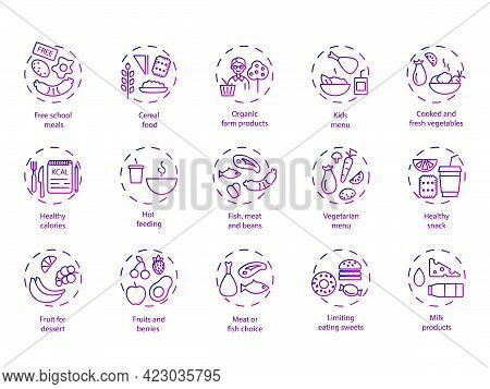 School Meal Concept Outline Icons Set. Kids Menu. Lunchbox. Food Container. Healthy Eating Program. 