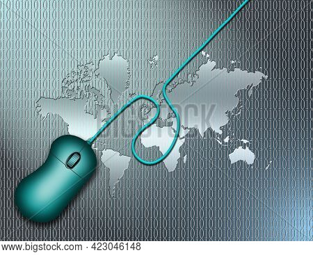 World map and PC mouse on seamless binary code background. 3D rendering.