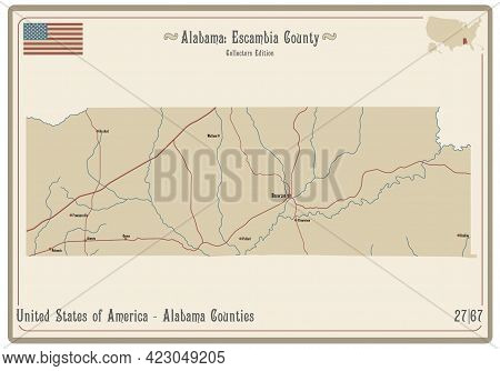 Map On An Old Playing Card Of Escambia County In Alabama, Usa.