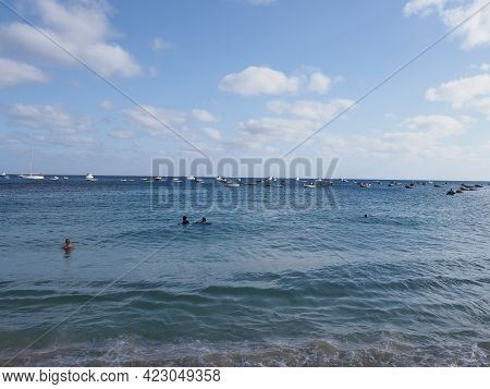 Seaside At Atlantic Ocean In African Santa Maria Town At Sal Island In Cape Verde, Clear Blue Sky In