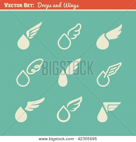 Gotas y alas. Colección de elementos de diseño del Vector.