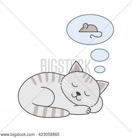 Cute Cat Sleeping And Dreaming About Mouse. Funny Cartoon Animal Character Design. Flat Vector Isola