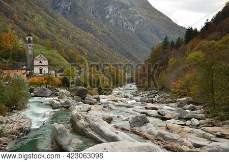 Village Town Near Maggia River At Swiss Alps Valley, Ticino Valle Maggia, Maggiatal Between Mountain