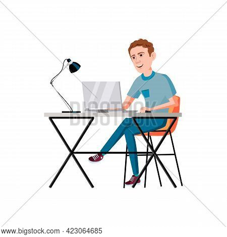 Man Student Writing Coursework On Laptop Cartoon Vector. Man Student Writing Coursework On Laptop Ch