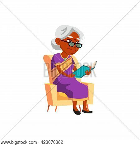 Mature Age India Woman Reading Recipe Book In Living Room Chair Cartoon Vector. Mature Age India Wom