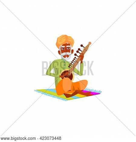 Indian Man Pensioner Playing On Sitar Cartoon Vector. Indian Man Pensioner Playing On Sitar Characte