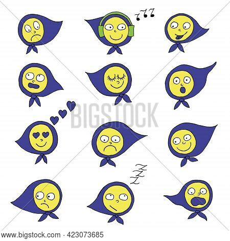 Set Of Vector Faces With Different Emotions Isolated On A White Background. Flat Cartoon Style Suita
