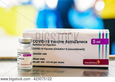 Thailand - June 5 , 2021 Close Up Of Astrazeneca Vaccine Vials Bottles For Can Help Stop Pandemic , 
