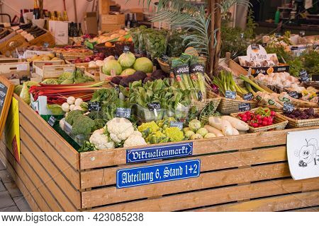 Famous Market Square In Munich Called Viktualienmarkt In The City Center - Munich, Germany - June 03