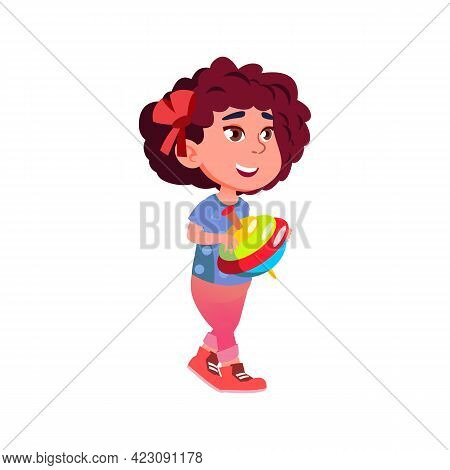 Caucasian Girl Child Play With Pegtop Toy Cartoon Vector. Caucasian Girl Child Play With Pegtop Toy 
