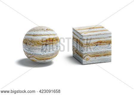 Blank Jupiter Surface Ball And Cube Mockup, Isolated, 3d Rendering. Empty Cuboid And Globule Abstrac